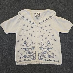 TIARA Vtg White Embroidered Floral Cottagecore Grandma Knit Cardigan Sweater M